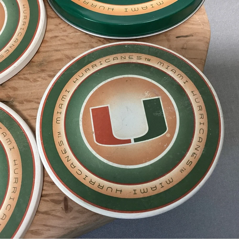 🟢 Miami Hurricanes College Football Ceramic Coaster Set in Metal Tin - Rare - Picture 9 of 16